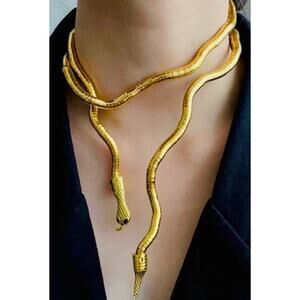 Vtg Gold Coiled Snake Wrap Necklace Bracelet Crystal Eyes Sheba Medusa Etruscan